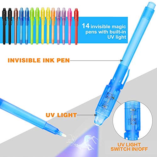 14 Bolígrafo de Tinta Invisible y 5 Luces led de Dedo lápiz espía con rotulador mágico de luz UV para Mensajes Secretos y Fiestas para Cumpleaños Infantiles Festival de Música Fiesta (14 Bolígrafos)
