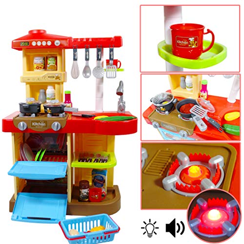 deAO Cocinita de Juguete Mi Little Chef con 30 Accesorios Incluidos, Color Rojo