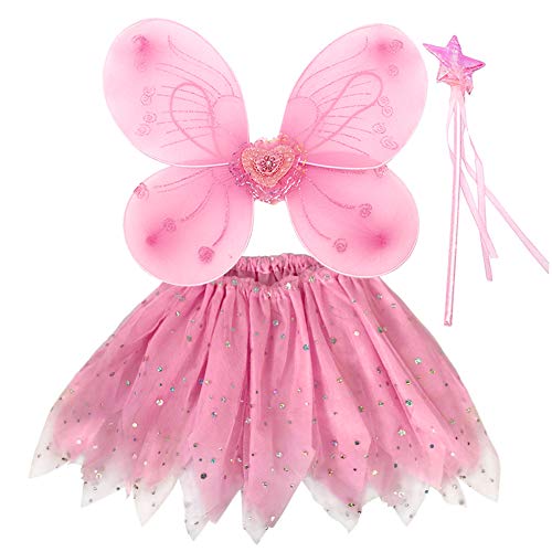 EQLEF Traje de Hadas para niños, alas de tutú Alas de Mariposa fijadas Traje de alas de Princesa de Hada para niñas Traje de Fiesta para niñas (  Rosa)