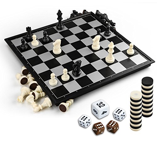 Gibot 3 en 1 Tablero de ajedrez,31.5CM x 31.5CM Tablero de Ajedrez Magnético con Ajedrez,Verificadores,Backgammon para niños y Adulto,Tablero de Juego Plegable y Portátil para Viajar,Blanco y Negro