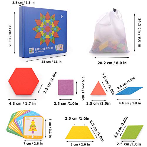 HellDoler Puzzles de Madera,155Pcs Bloques de Madera Set Rompecabezas de Formas Geométricas, DIY Montessori Tangram Juguetes con 24Pcs Tarjetas de Diseño para Niños