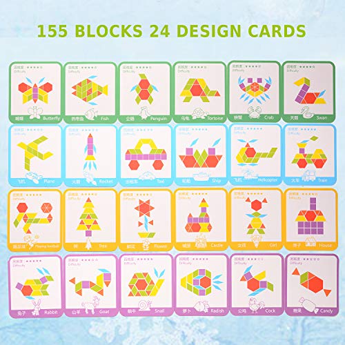 HellDoler Puzzles de Madera,155Pcs Bloques de Madera Set Rompecabezas de Formas Geométricas, DIY Montessori Tangram Juguetes con 24Pcs Tarjetas de Diseño para Niños