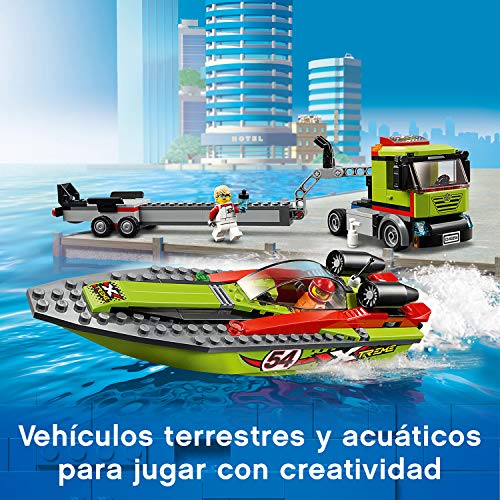 LEGO City Great Vehicles - Transporte de la Lancha de Carreras, Flota en el Agua, Incluye Minifigura de un Conductor de Camión y un Piloto de Carreras, Juguete de Construcción (60254)