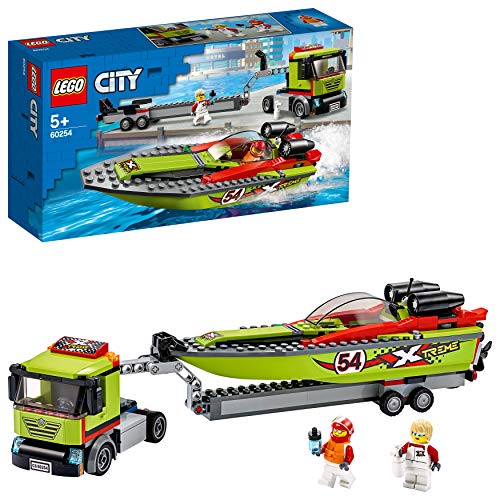 LEGO City Great Vehicles - Transporte de la Lancha de Carreras, Flota en el Agua, Incluye Minifigura de un Conductor de Camión y un Piloto de Carreras, Juguete de Construcción (60254)