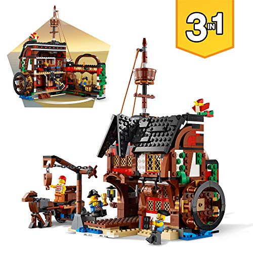 LEGO Creator - Barco Pirata, juguete de piratas de construcción para niños y niñas a partir de 9 años, set 3 en 1 con Barco de juguete, taberna pirata, isla Calavera, minifiguras de piratas (31109)