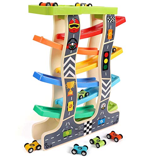 Lewo Juguetes para niños pequeños Racer de madera de la rampa para 1 2 3 años de edad, niñas niños Pista de carreras de madera con 8 mini coches