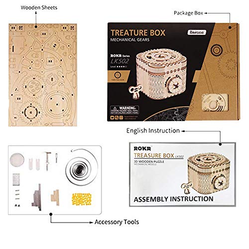 ROKR Caja del Tesoro 3D en Madera,3D Rompecabezas de Madera Kit de Construcción Sin Pegamento para Niños y Adultos (Treasure Box)