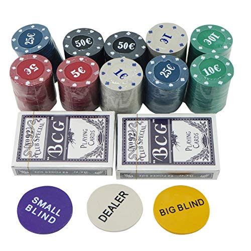 Set de póker caja de metal, 200 fichas de póker, 2 cubiertas, botón de repartidor, ciega pequeña, gran ciega, tapete de juego