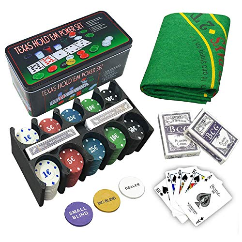 Set de póker caja de metal, 200 fichas de póker, 2 cubiertas, botón de repartidor, ciega pequeña, gran ciega, tapete de juego