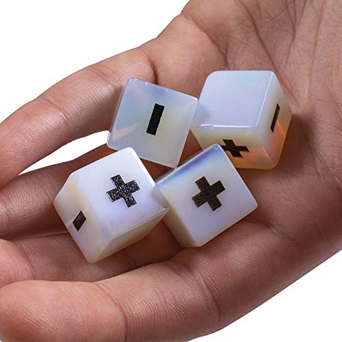 Wiz Dice Dados de Piedra semipreciosa Hechos a Mano (Paquete de 4) | Accesorios de Dados Premium Grabados de 16 mm y Bolsa de Terciopelo Negro | Fate Tabletop RPG Gaming, Opalite