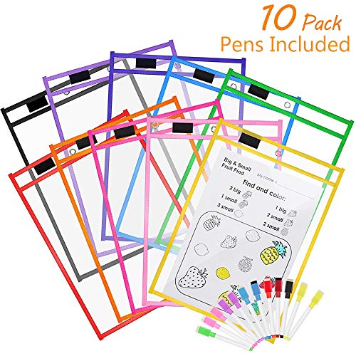 10 Pack Dry Erase Pockets, Opret Fundas Fichas de Papel de Gran Tamaño 25.5x33 cm / A4 con Bolígrafos, 10 Colores Diferentes, para la Organización en el Aula y Colegio, Guardería, Ludoteca