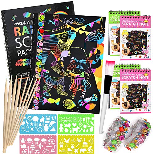 AYUQI Scratch Art Paper Notebook, dibujar niños, scratch art para niños, juego manualidades, plantillas para dibujar niños, DIY Kit con Regla de Dibujo y Plumas de Madera
