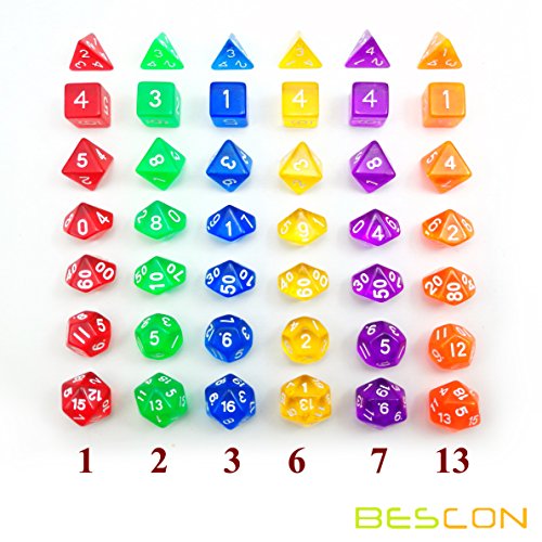 Bescon Multi-Colored RPG Dice Pack of 126 Polyhedral Dice 18 Complete Sets of 7 Dice 18 Different Colors - Black Velvet Bag Packaging