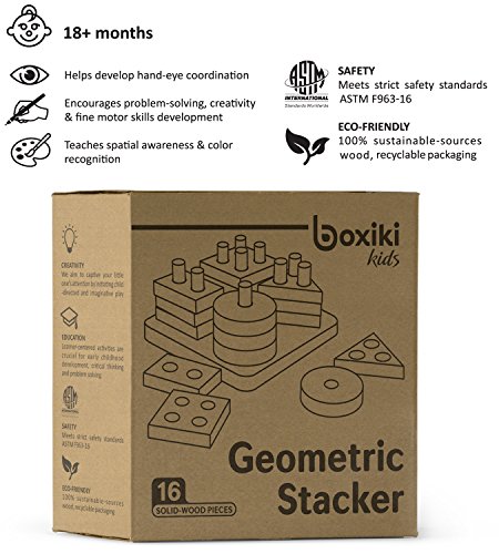 Boxiki Kids Juguetes Apilables de Madera y Tablero para Apilar Figuras| Juego de Figuras Geométricas Apilables | Non-Tóxico Juguete de Madera | Juguetes Educativos