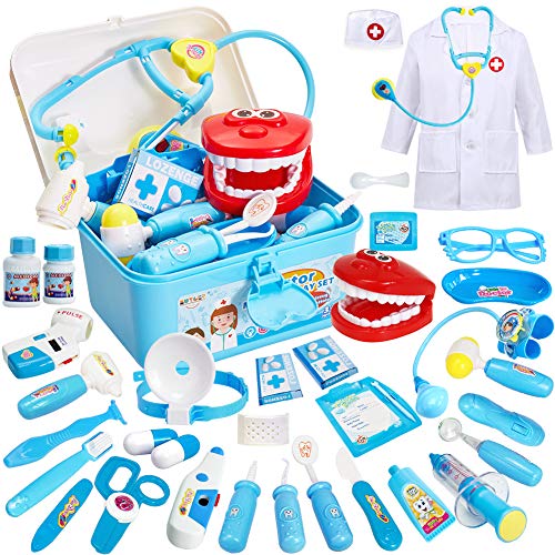 Buyger 35 Piezas Maletin Medicos Juguete Disfraz de Medicos Doctora Cosplay Juguetes Regalos para niños 3 años (Azul)