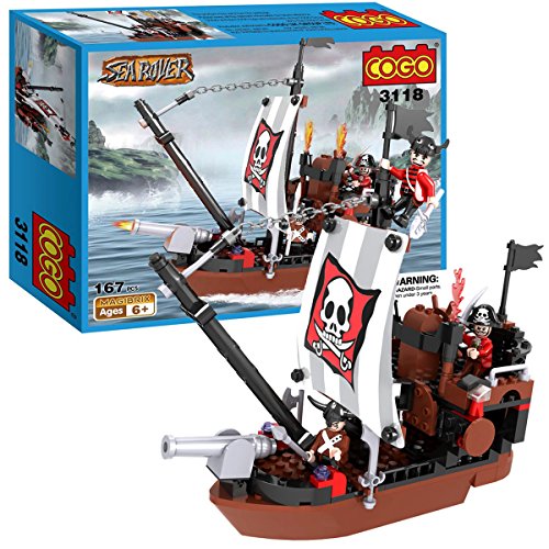 COGO Bateau pirate Sea Rover Jeu de construction de 167 pièces avec 3 différents pirates et cannon réglable 3118