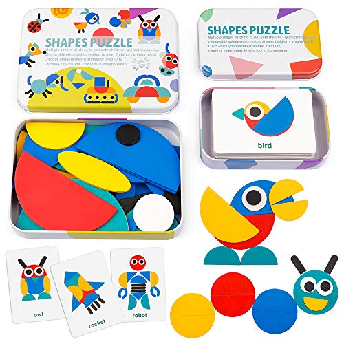 Coogam De Madera Modelo Bloques - Tangram Shape Puzzle Set Juego de apilamiento Madera Animal Rompecabezas Preescolar Montessori Brain Teaser Regalo Stem (60 Tarjetas de Patrones)
