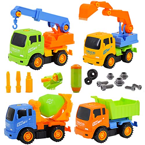 deAO Camiones de Construcción para Montar y Desmontar Conjunto de 4 Camiones - Vehículos de Montaje Incluye Camiones y Destornillador (Multicolor)