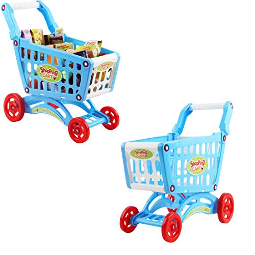 deAO Carrito de la Compra Infantil Incluye Variedad de 50 Productos de Mercado y Comestibles para Niños y Niñas (Azul)