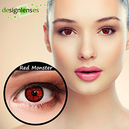 Designlenses, Dos lentillas de color rojo para Halloween monstruo disfraz lentillas sin dioprtías / corregir + gratis caso de lente „Red Monster"