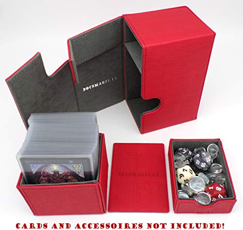 docsmagic.de Premium Magnetic Tray Box (100) Red + Deck Divider - MTG - PKM - YGO - Caja Roja