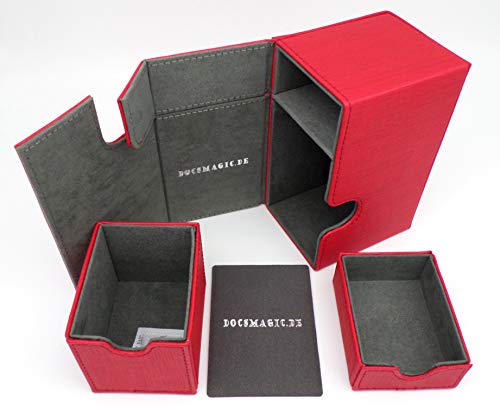 docsmagic.de Premium Magnetic Tray Box (100) Red + Deck Divider - MTG - PKM - YGO - Caja Roja