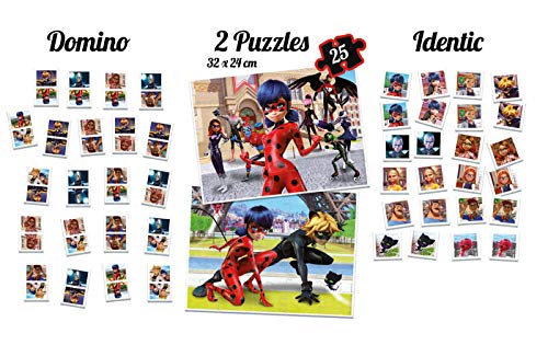 Educa - Superpack Miraculous Ladybug: Domino, Identic y 2 puzzles, juego de mesa para niños, a partir de 3 años (17259)
