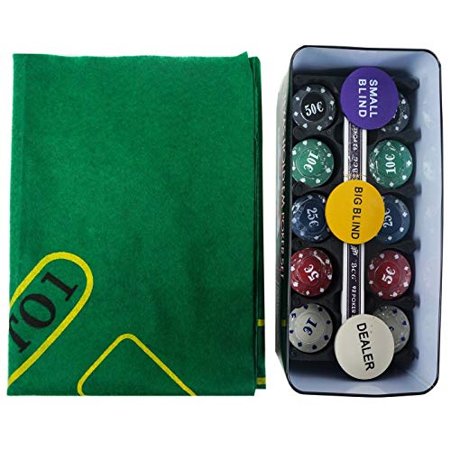 Extraela Set de póker Caja de Metal, 200 fichas de póker, 2 Cubiertas, botón de repartidor, ciega pequeña, Gran ciega, tapete de Juego