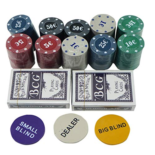 Extraela Set de póker Caja de Metal, 200 fichas de póker, 2 Cubiertas, botón de repartidor, ciega pequeña, Gran ciega, tapete de Juego