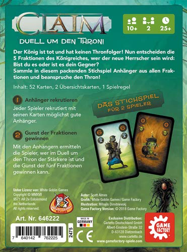 GAMEFACTORY- Claim, Das Duell um den Thron, Cartas, Juego de Puntadas, para 2 Jugadores, Color (Game Factory 646222)