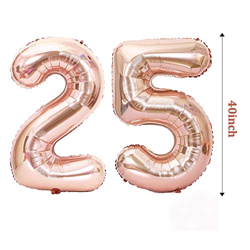 Globo 25 Años, 40 Pulgadas Globo del Cumpleaños Número 25 Helio Globos para La Decoración Boda Aniversario (Rosa Oro)