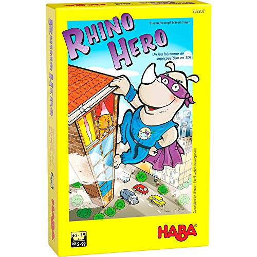HABA 302203 Rhino Hero, Juego de apilado en 3D para 2 a 5 superhéroes de 5 años de Edad y más, con Reglas Sencillas para divertirse rápidamente, Juego de acción para Toda la Familia