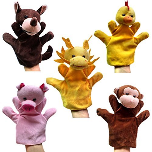 Happy Cherry - (Set de 5 Marionetas Juguetes Juegos de Manos Dedos de Animal Peluche para Bebés Niños niñas Cuentacuentos - Lobo / Gallina / Cerdo / Mono / Dragón