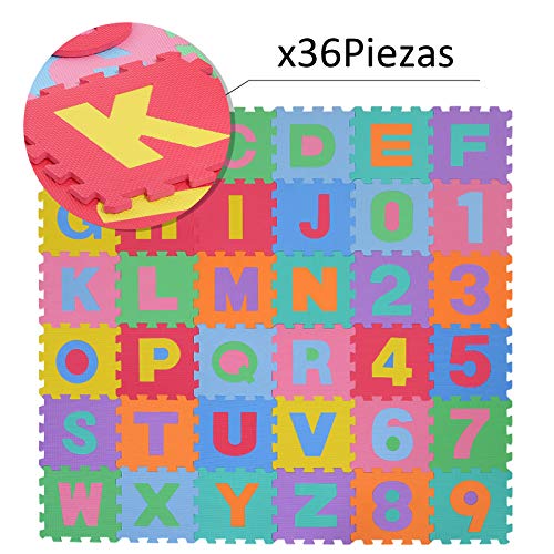 HOMCOM Alfombra puzle para Niños 192x192 cm 36 Piezas Numeros 0 al 9 y 26 Letras Alfabeto Goma Espuma