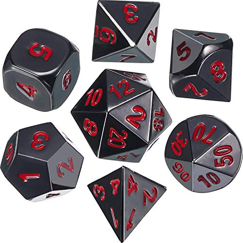 Juego de Dados 7-Die Poliédricos de Aleación de zinc Metal para Calabozos y Dragones RPG Dice Gaming Enseñanza de Matemáticas D&D, d20, d12, 2 Piezas d10 (00-90 y 0-9), d8, d6 y d4 (Negro y Rojo)