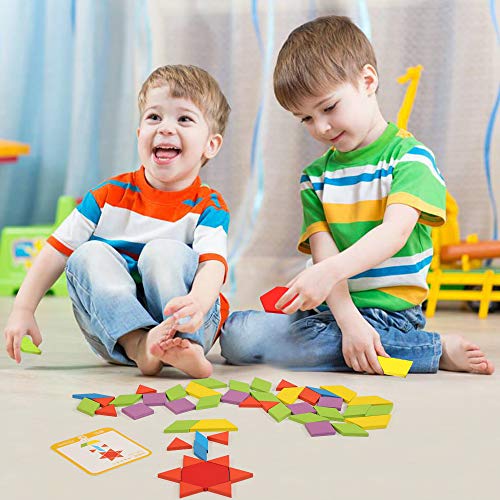 LEADSTAR Tangram Puzzle, Tangram Madera Shape Puzzle Set Rompecabezas Tangram de Madera Kids Educativos Juegos y Juguetes con 155 Piezas de Formas Geométricas y 24 Diseños