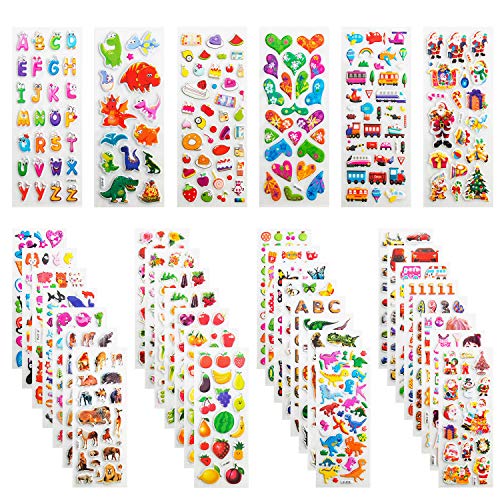 Leenou Pegatinas para Niños, 950+ 3D Puffy Sticker Variedad de Pegatinas para Regalos Gratificantes Scrapbooking Que Incluye Animales, Peces, Dinosaurios, Números, Frutas, Aviones y Más ( 36 Hojas )