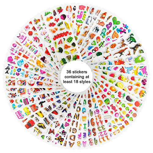 Leenou Pegatinas para Niños, 950+ 3D Puffy Sticker Variedad de Pegatinas para Regalos Gratificantes Scrapbooking Que Incluye Animales, Peces, Dinosaurios, Números, Frutas, Aviones y Más ( 36 Hojas )