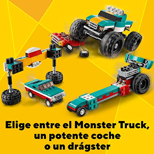 LEGO Creator - Monster Truck, 4x4 de Juguete, set 3 en 1, Construye un Dragster o un Coche, Juguete Recomendado a Partir de 7 Años (31101) , color/modelo surtido