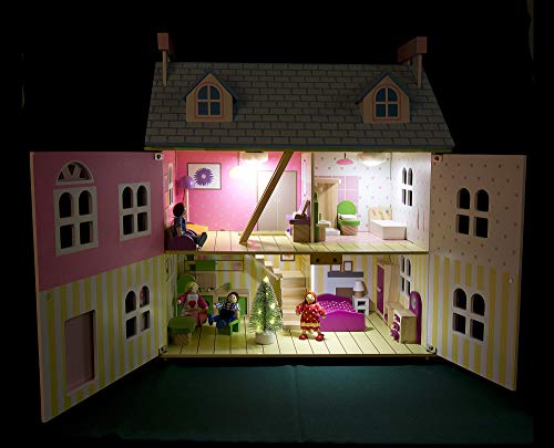 Leomark Dream House Casa de Muñecas de Madera con muñecas - Color Rosa - Villa (60 cm - altura), Equipo Completo, Excelente Calidad, Accesorios adicionales + LED + control remoto