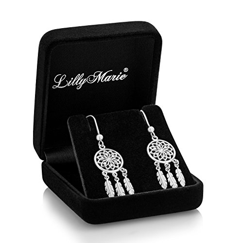 LillyMarie Pendientes de plata de ley 925 con elementos de Swarovski para mujer, diseño de atrapasueños, estuche de regalo para novia
