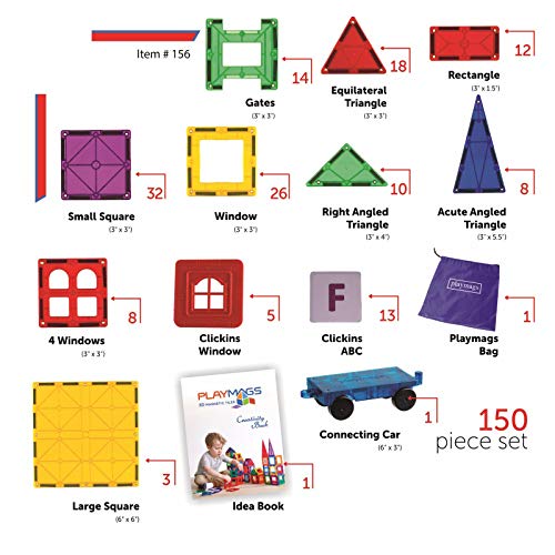 Playmags  - Mega Set de 150 piezas: Ahora con Imanes más Fuertes, Robusto, Súper Duradero con Azulejos Vivos de Colores Claros - 18 Piezas de Accesorios Clickins para Mejorar tu Creatividad