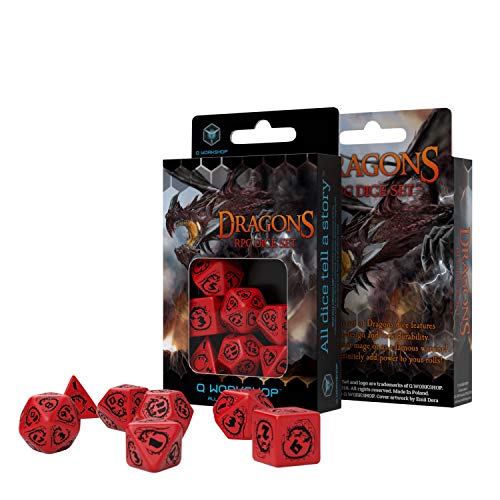 Q Workshop Dragon Red & Black RPG Ornamented Dice Set 7 Polyhedral Pieces