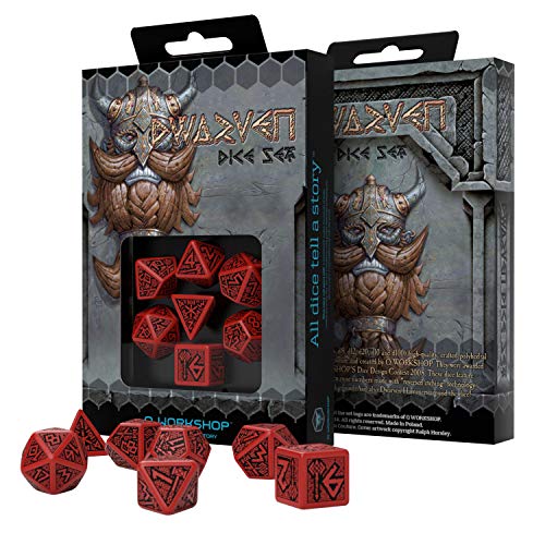 Q Workshop Dwarven Red & Black RPG Ornamented Dice Set 7 Polyhedral Pieces