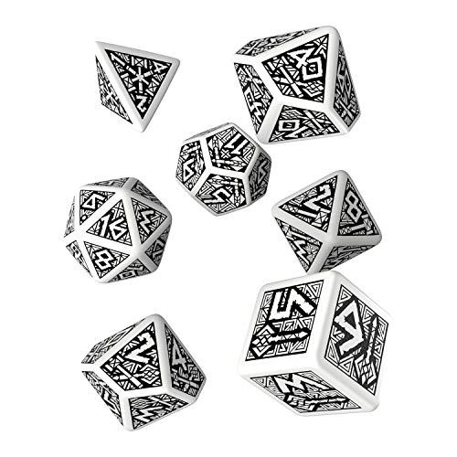 Q Workshop Dwarven White & Black RPG Ornamented Dice Set 7 Polyhedral Pieces