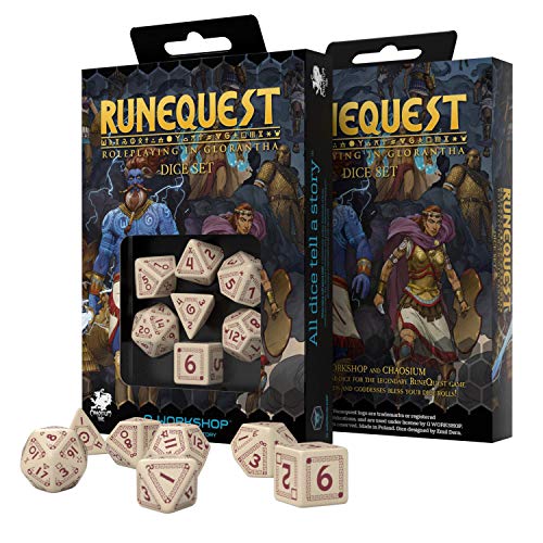 Q Workshop RuneQuest Beige & Burgundy RPG Dice Set 7 Polyhedral Pieces