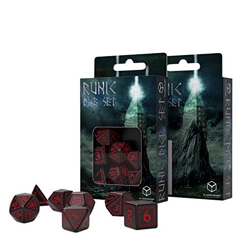 Q Workshop Runic Black & Red RPG Dice Set 7 Polyhedral Pieces