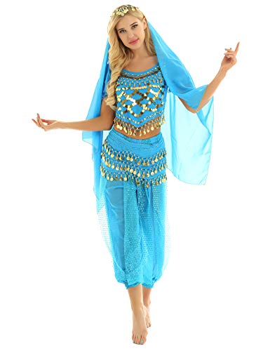 ranrann Disfraz Danza del Vientre para Mujer Lentejuelas Vestido Danza del Oriental Cosplay Conjunto de Baile India Árabe Disfraces Fiesta Carnaval Actuación Lago Azul One Size