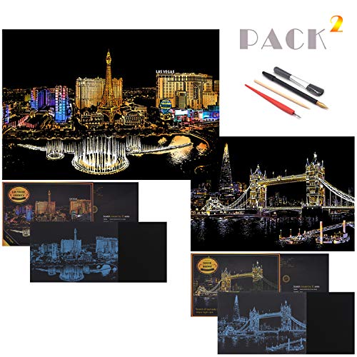 SiYear Scratch Paper Rainbow Painting Sketch, City Series Night Scene, Scratch Painting Creative Gift, Scratchboard para Adultos y niños con 4 Herramientas '' (Las Vegas + Tower Bridge)