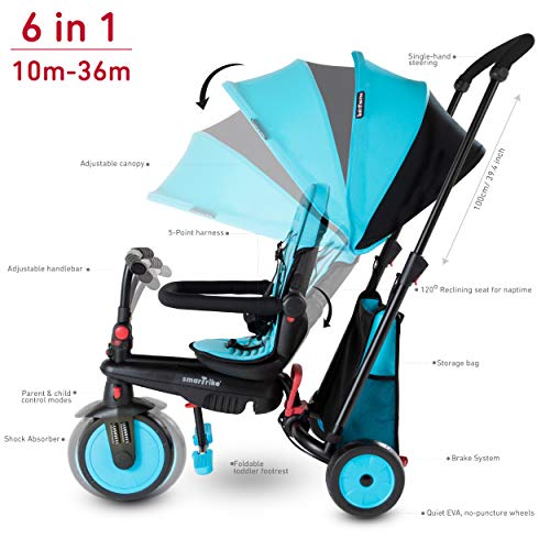 smarTrike STR3 Triciclo Plegable con Carrito Certificado para niños de 1,2,3 años, Triciclo multietapa 6 en 1, Azul